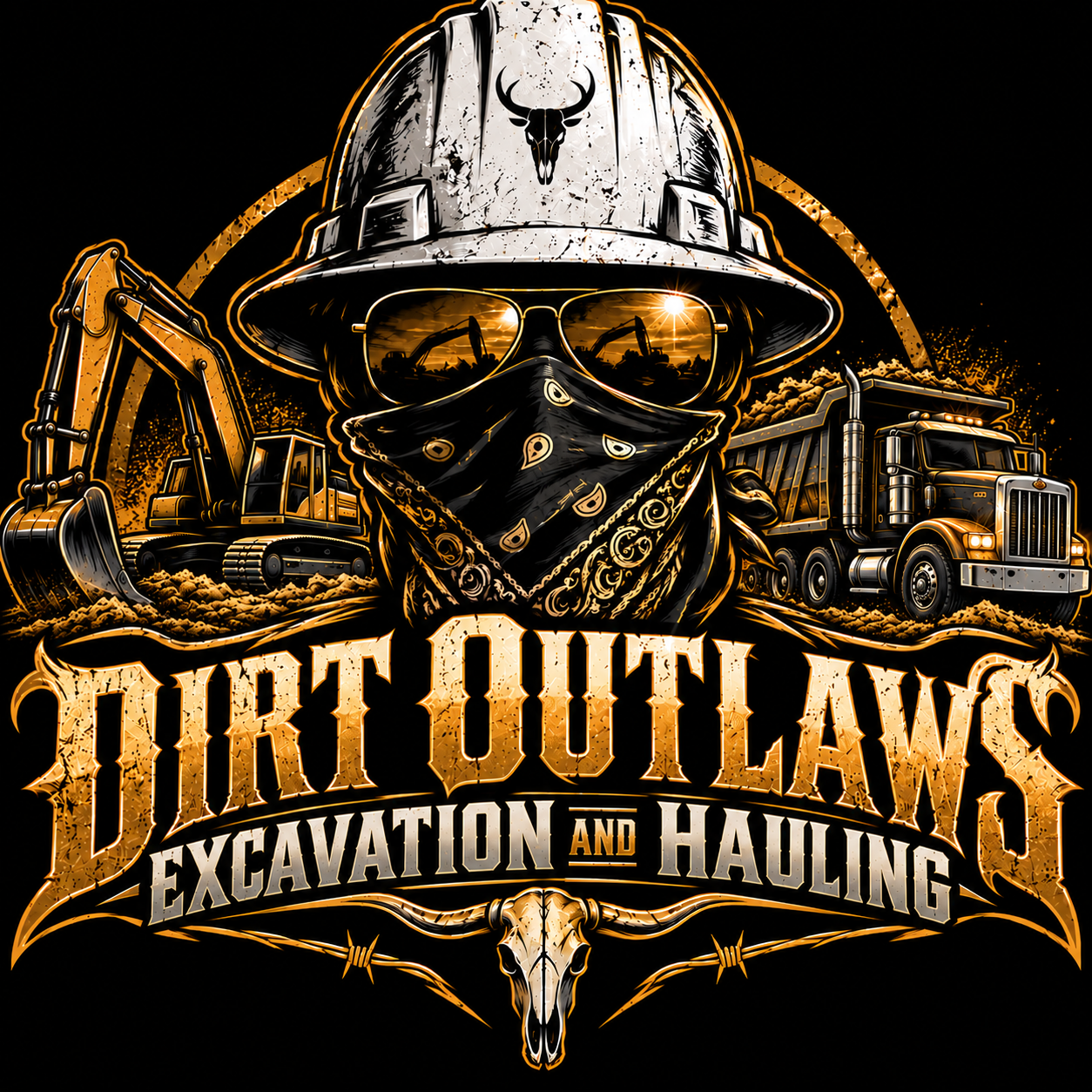 Dirt Outlaws Excavation and Hauling logo with excavator and dump truck