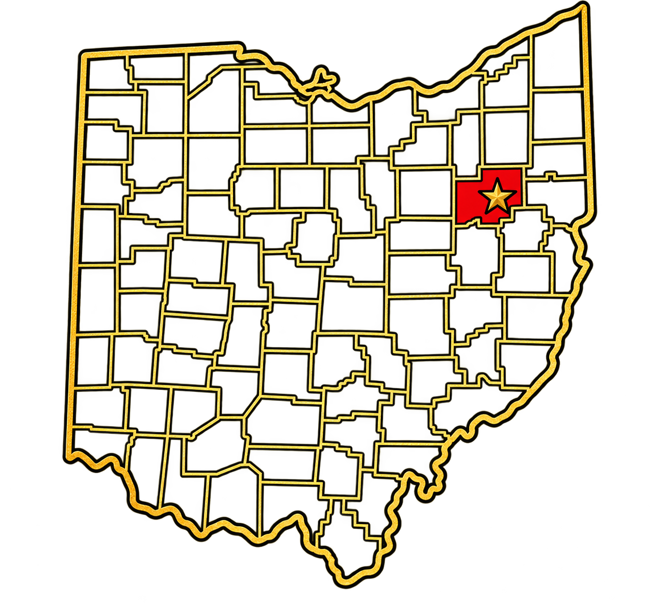 Ohio county map with Stark County highlighted red and a gold star marking Canton
